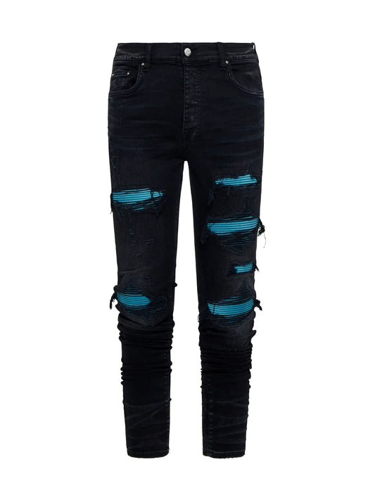 AMIRI DISTRESSED LOGO PTACH SKINNY JEANS BLACK/BLUE (USED)